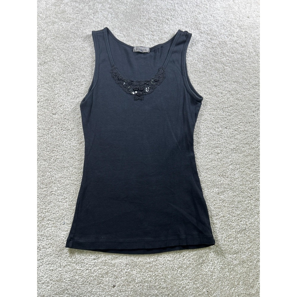 Xcit USA Tank Top Womens Medium Black‎ Lace Beaded Neck Fitted Sleeveless Ribbed